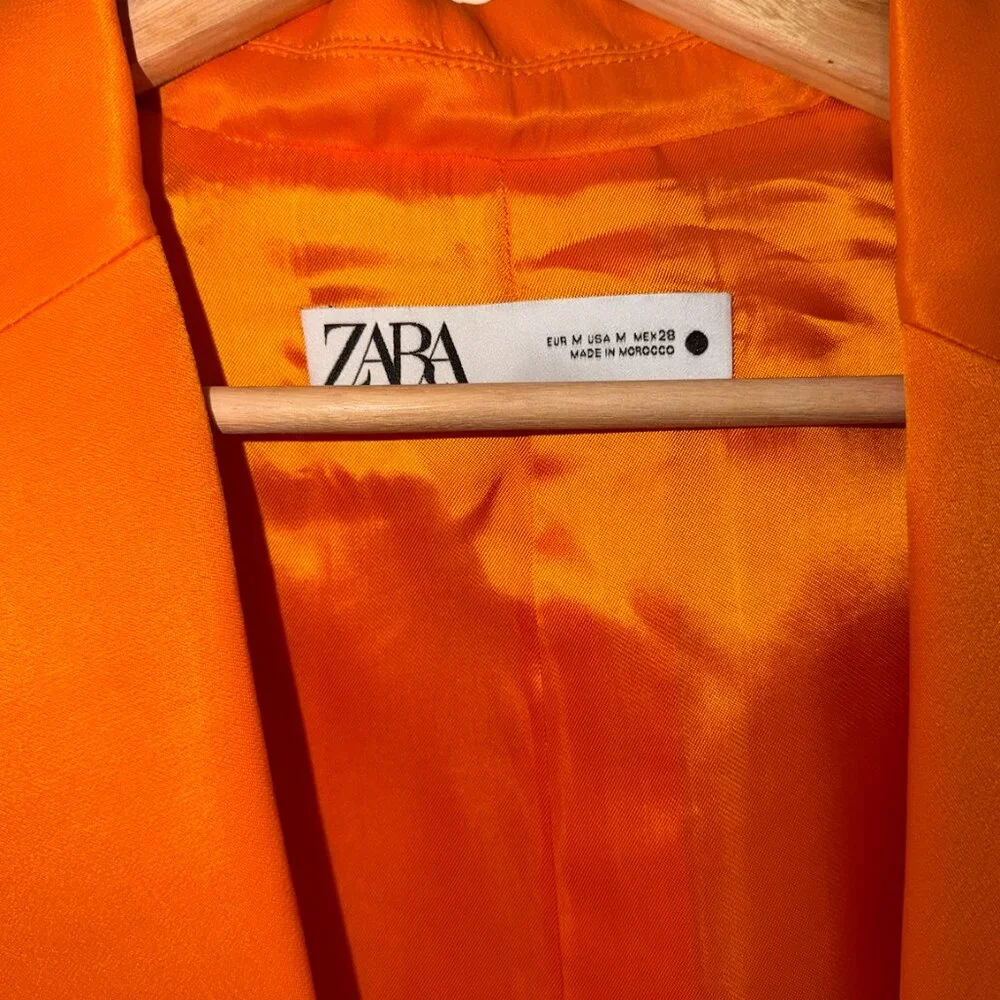 Orange Ostrich Feather Trim Blazer Suit Jacket and Drawstring Pant Suit Zara NWT - Picture 6 of 13